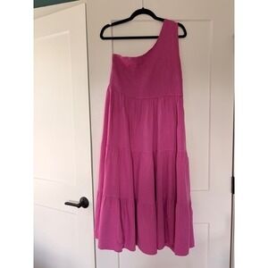 Tiered One-Shoulder Smocked Midi Dress Hot Pink Flowy Festival Casual XXL